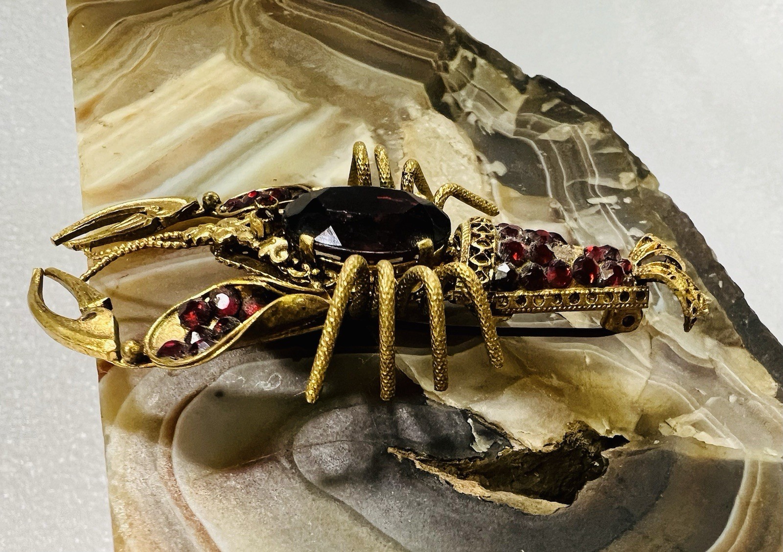 Vintage Signed Czecho Garnet Color Rhinestone Lobster Figural Gold Tone Brooch