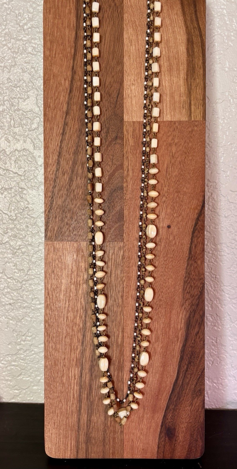 Vintage Boho Layered Multi Strand Cream Bone Bead Rosary Chain Necklace Western