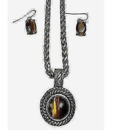 Vintage Tiger Eye Pendant Necklace & Earrings Set Boho Jewelry Gift for Her