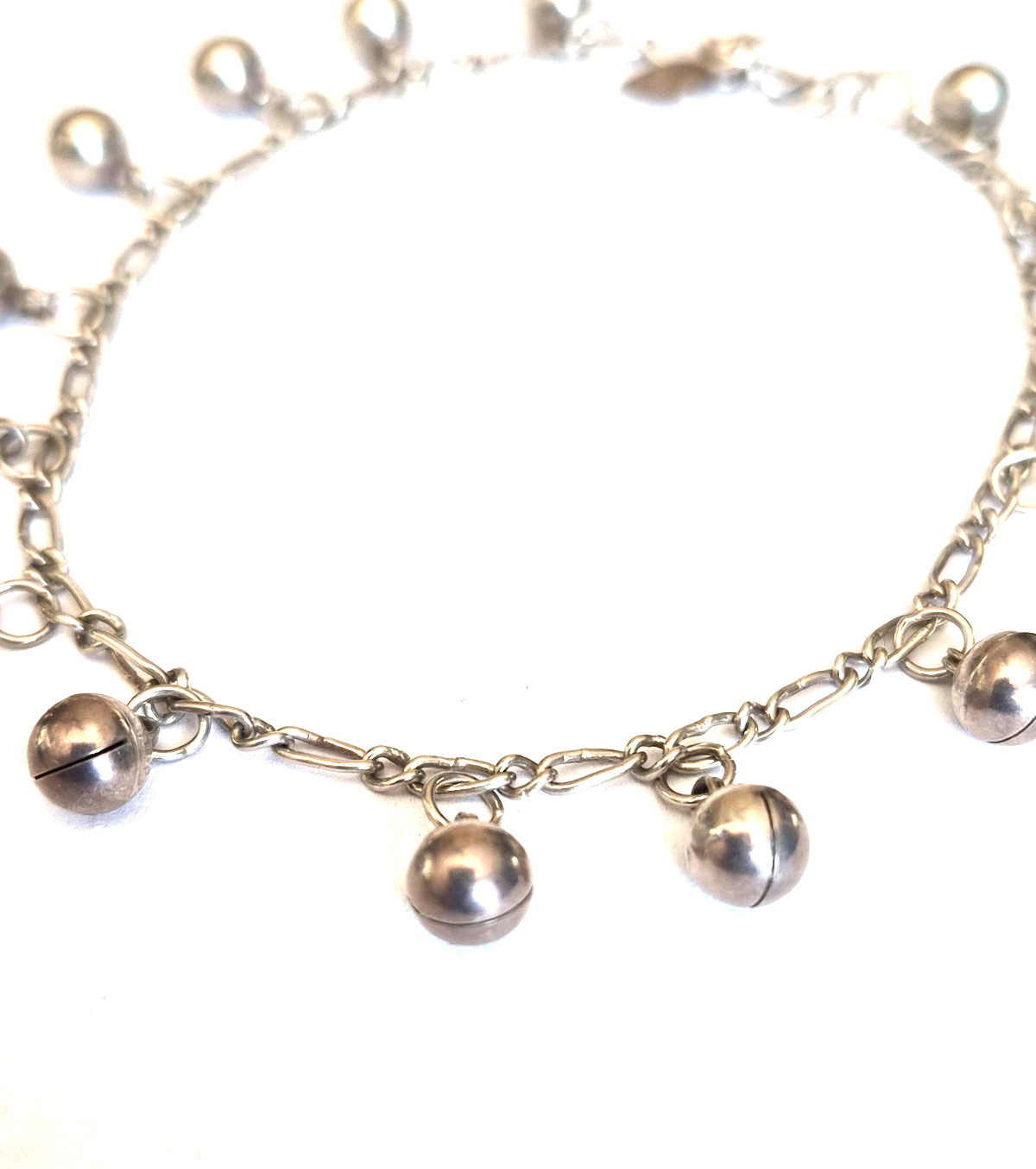 Vintage Sterling Silver Multiple Ball Dangle Pendants Anklet w/Heart Charm