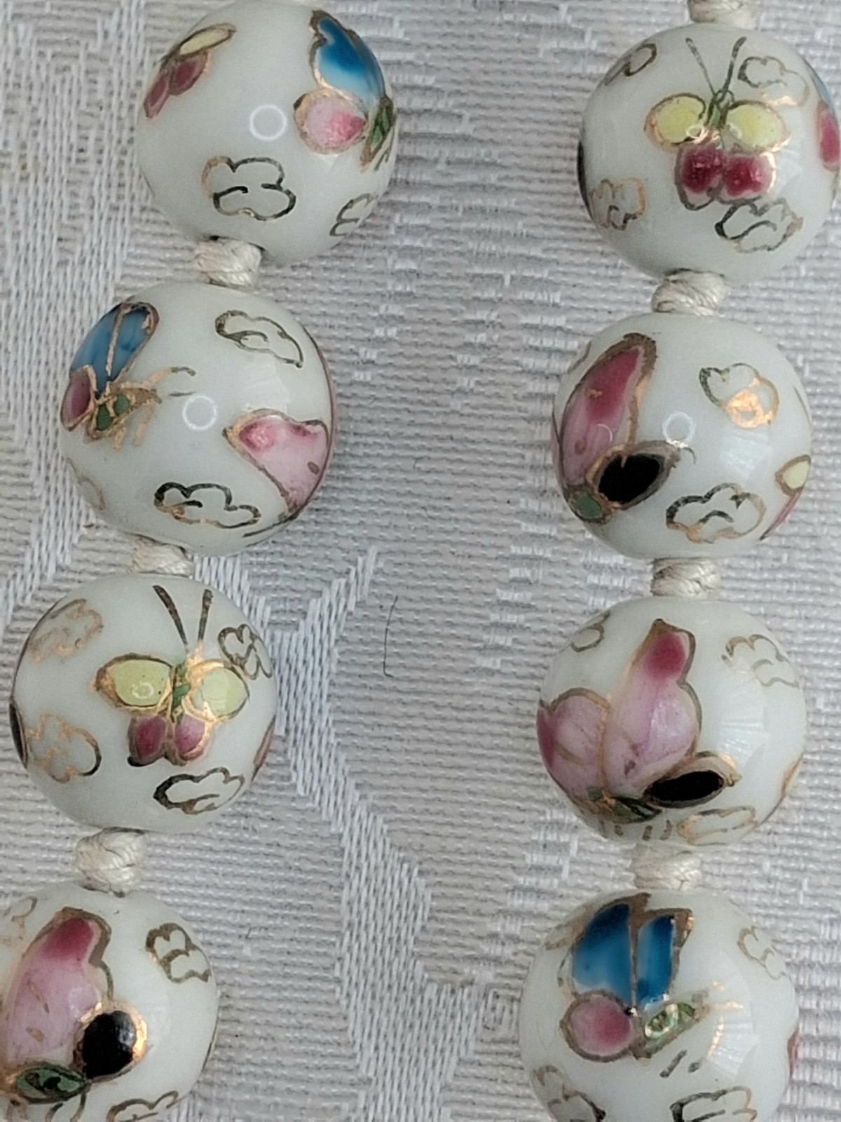Vtg Cloisonne enamel Knotted butterfly design Gold Beads Wedding Necklace 24 in