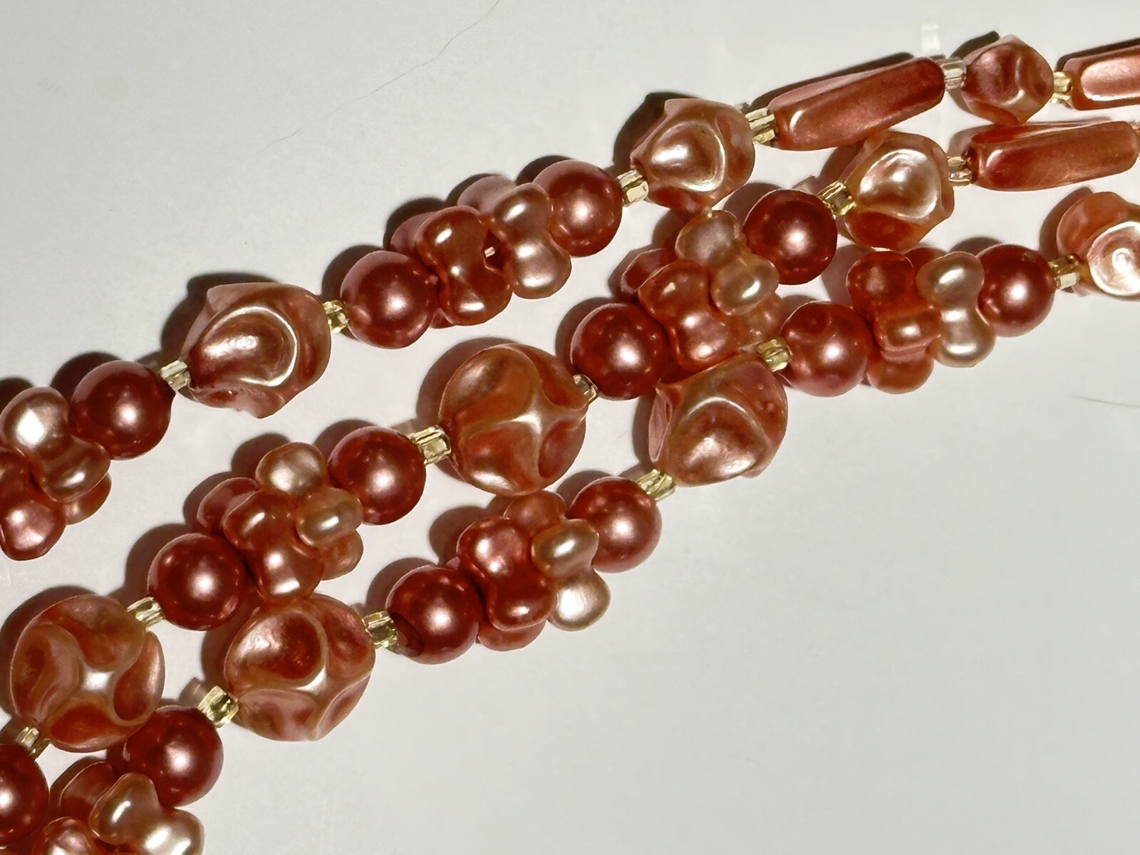 HONG KONG VINTAGE PINK ROSE PEARL BEAD TRIPLE STRAND CHOKER 14″ NECKLACE EUC