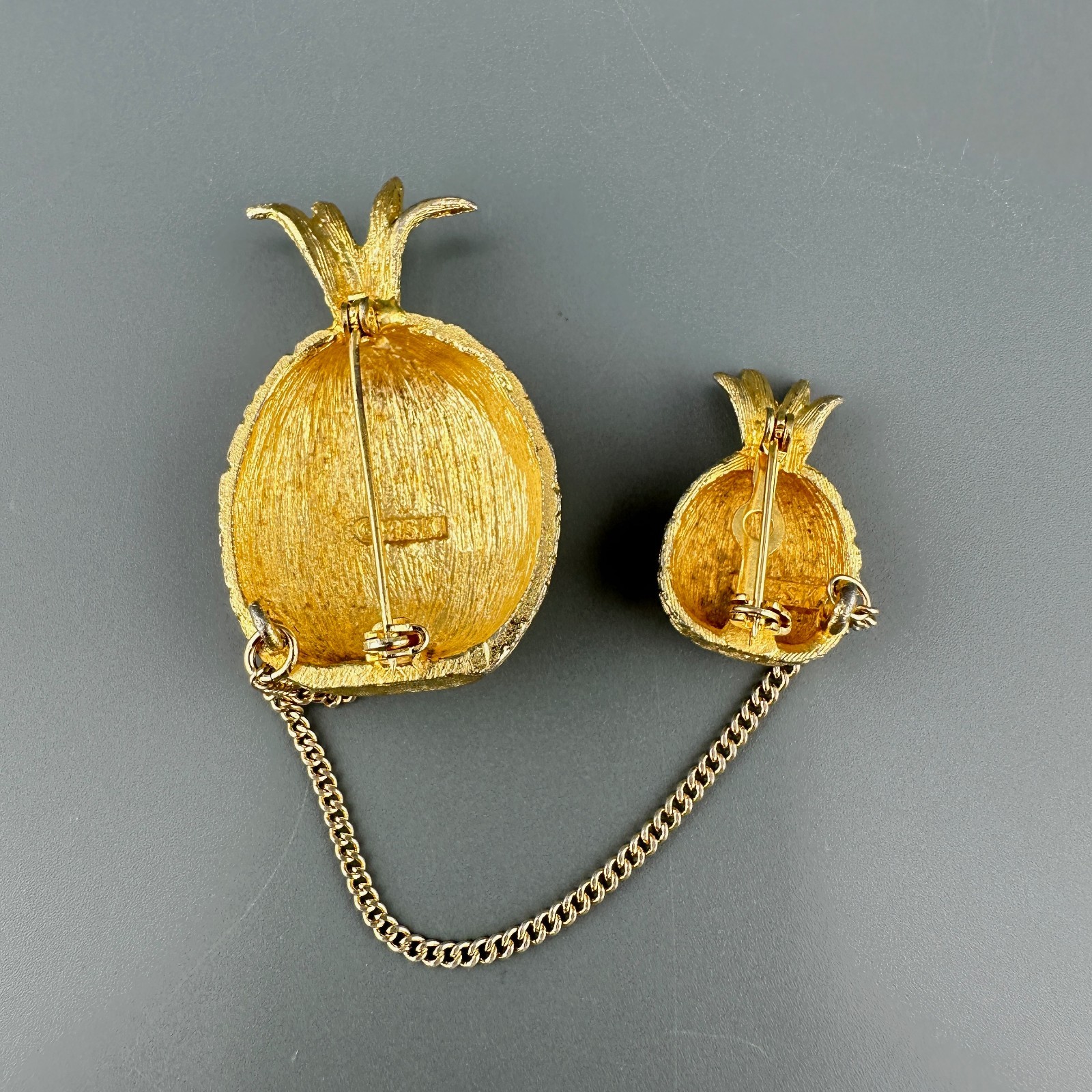 Vintage BSK Pineapple Brooch Double Pin Gold Tone Figural Connected 5″ Chain