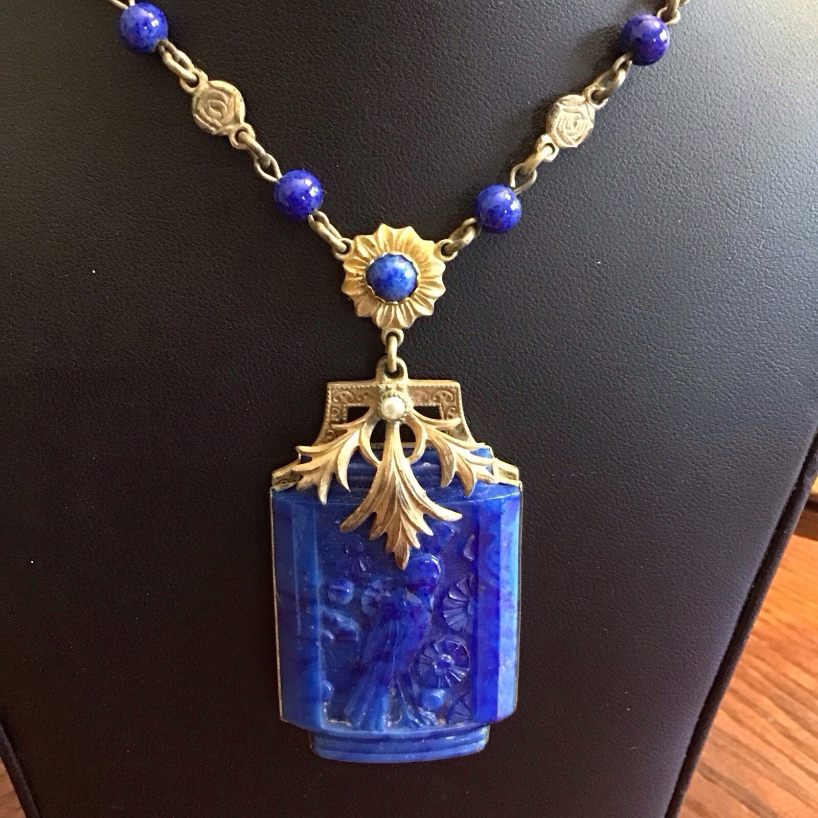 Czech Art Deco Birds Glass Repousse Necklace