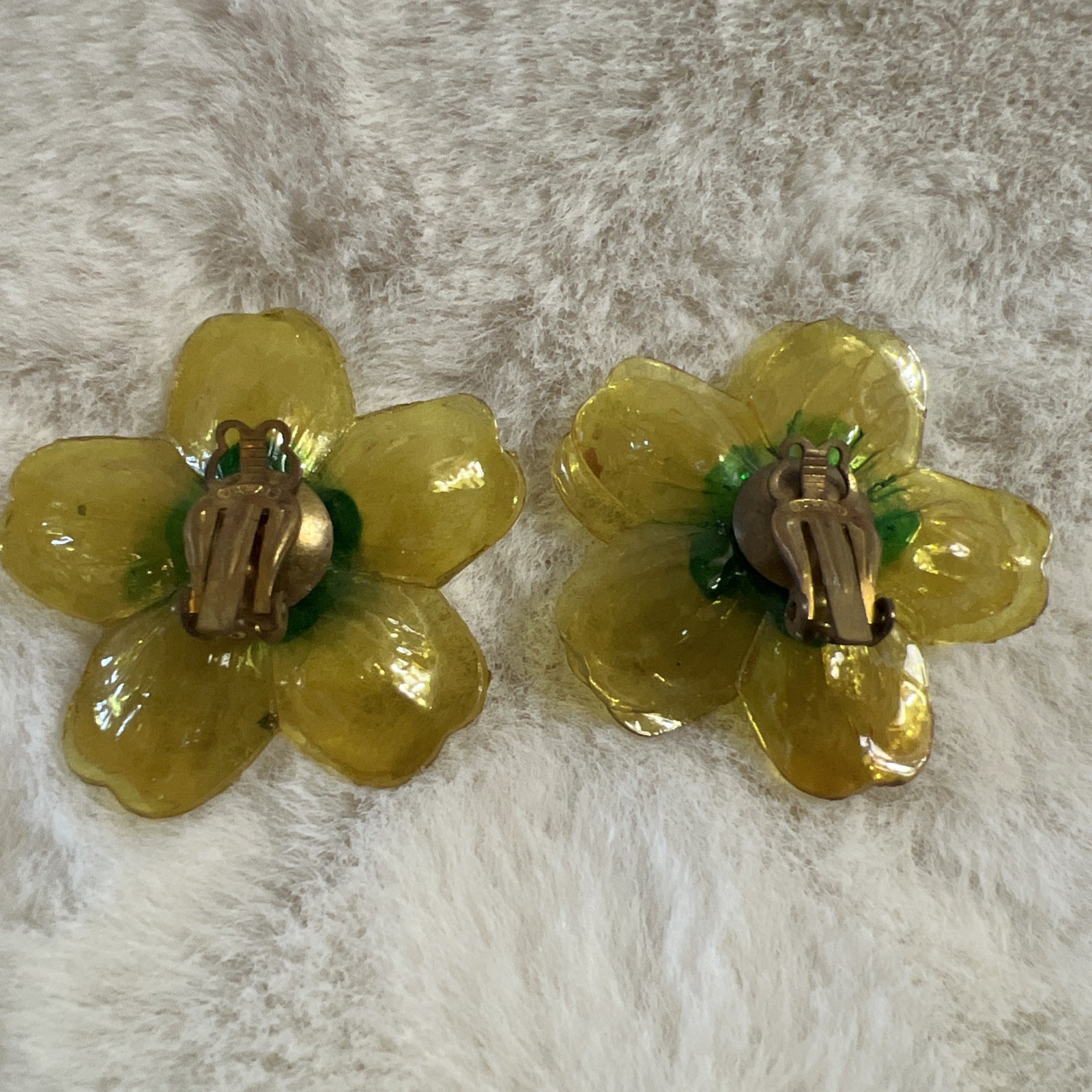 Vintage Cellulose Acetate Yellow Double Layer Petal Floral Clip On Earrings