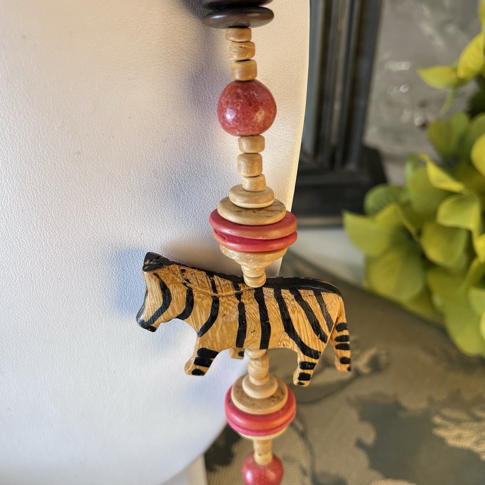 Vtg 26” African Safari Wood Bead Necklace & Rhino Earrings Lion Zebra Elephant