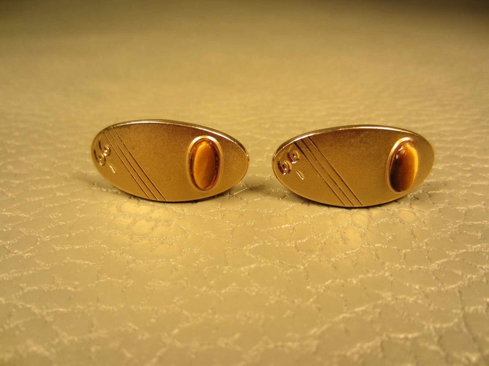 Vintage Curved Tigers Eye Brushed Finished Yellow Gold Plated Cuff Links