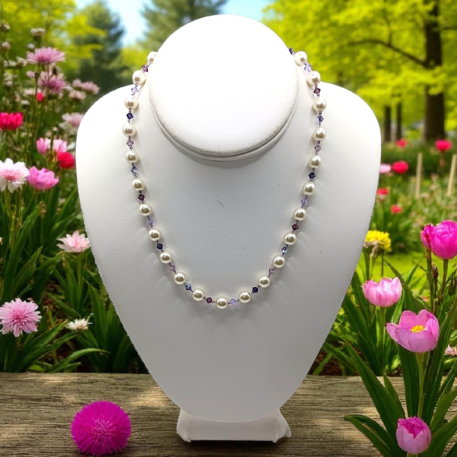 Vintage Purple Crystal Faux Pearl Necklace Beaded Hand Knotted Sterling Silver