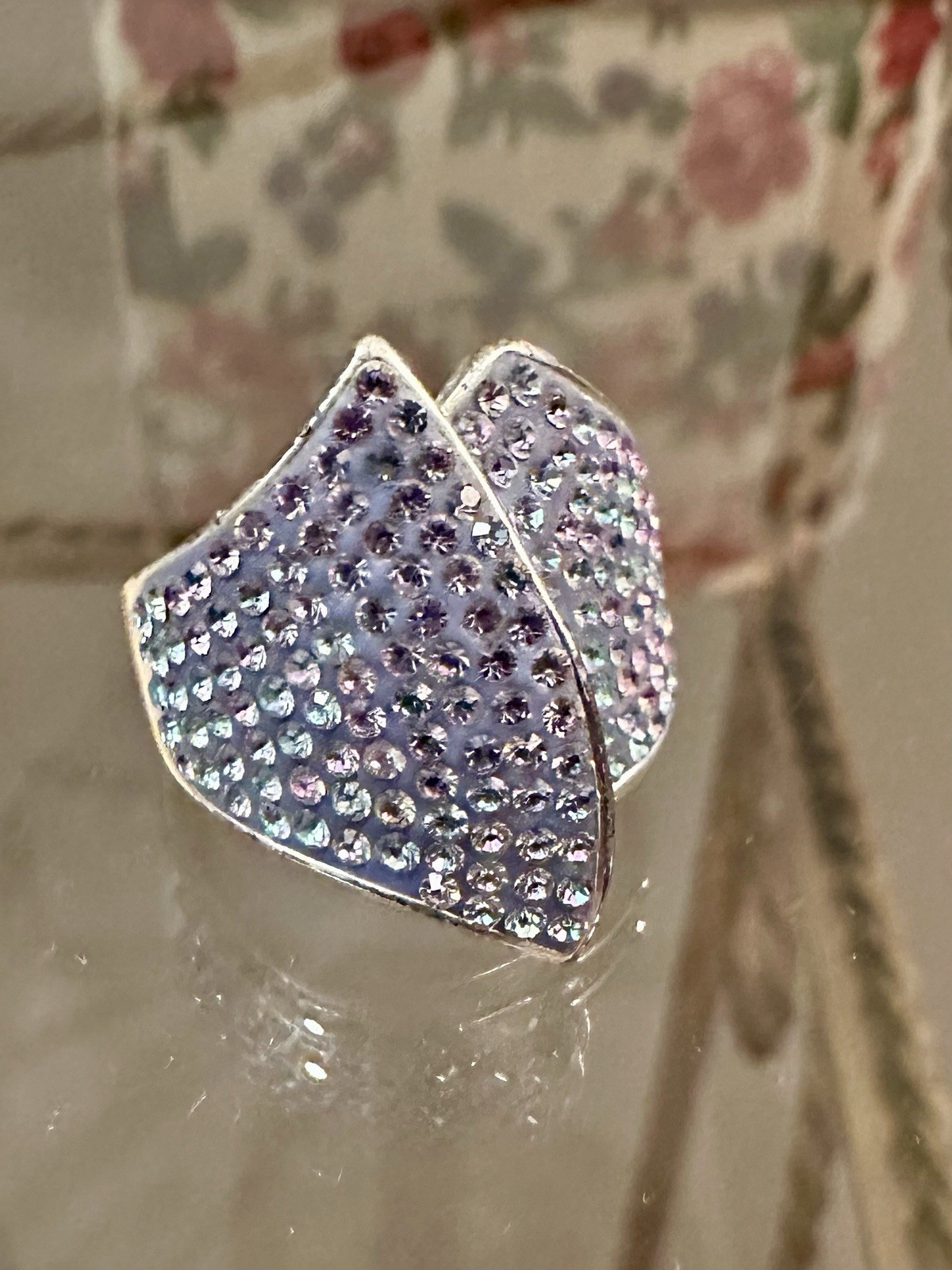 Vintage JCM Silver Tone Over Brass Light Purple Pave Crystals Ring Size 7.5