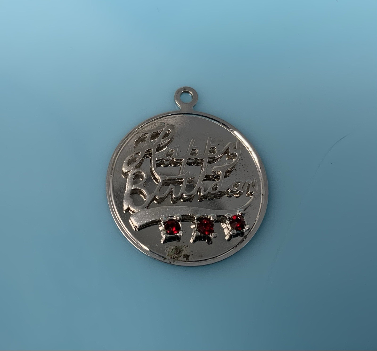 Vintage Sterling Silver Happy Birthday Red Gemstone January July Charm 5g