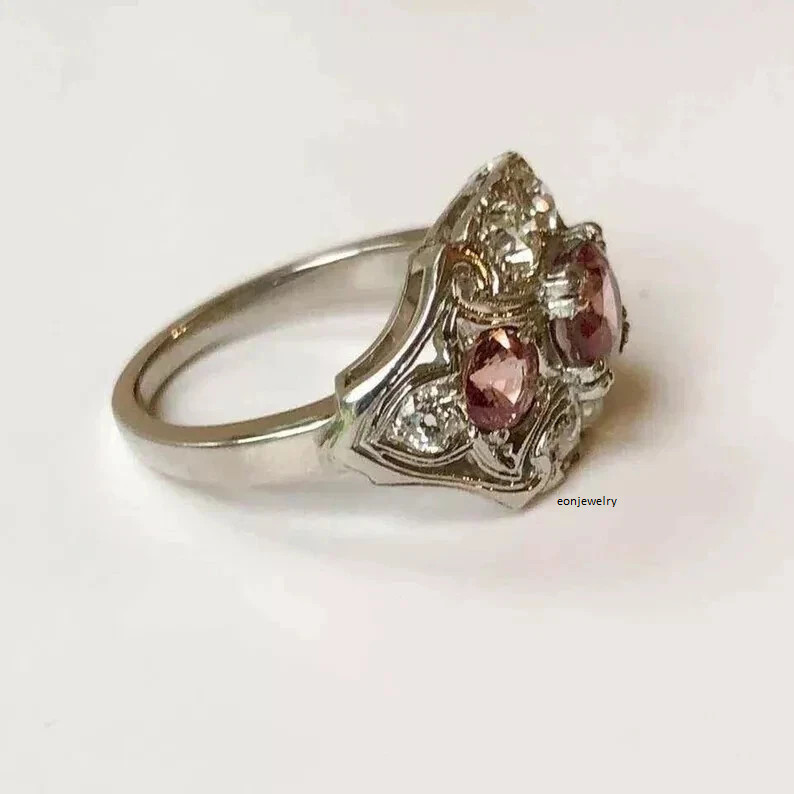 14K Gold FN Antique Art Deco Round Cut Ruby & Lab Created Diamond Wedding Ring