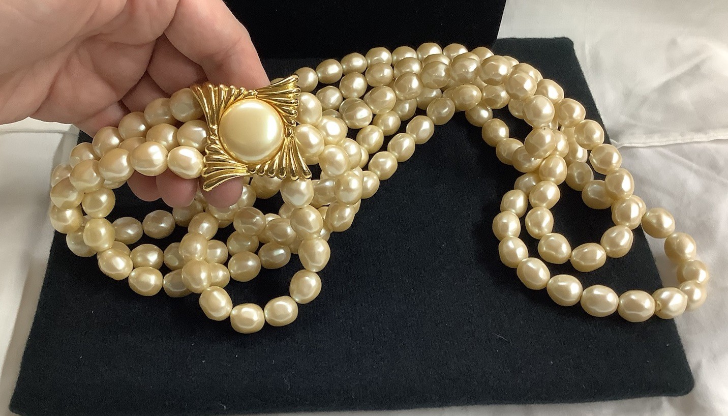 Large &Rare Vintage YSL Yves Saint Laurent 3 Strand Faux Baroque Pearl Necklace