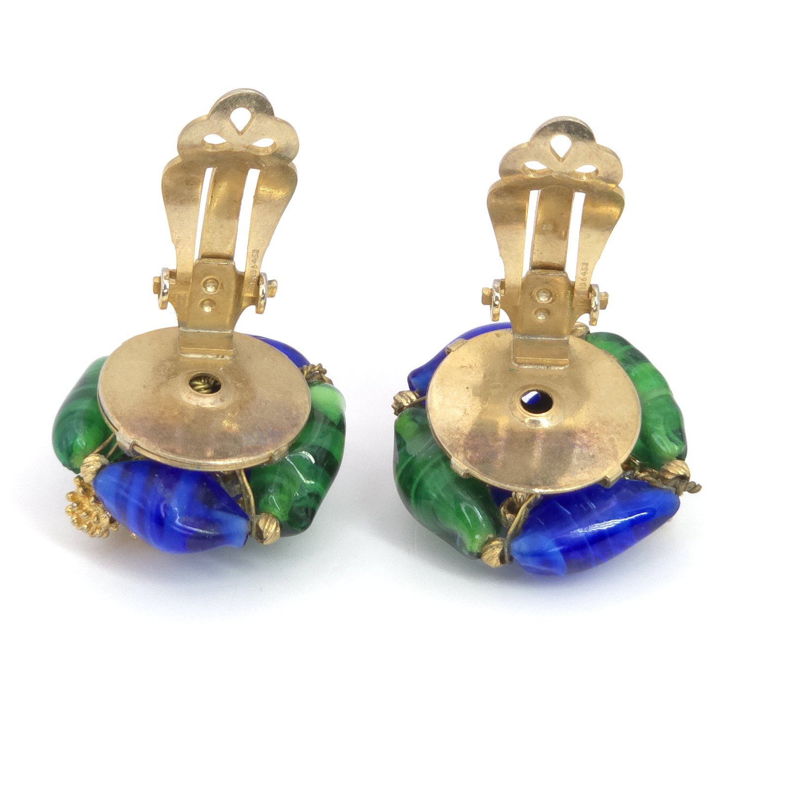 Elegant Vintage Les Bernard Clip On Earrings Blue & Green Glass Golden Ornament