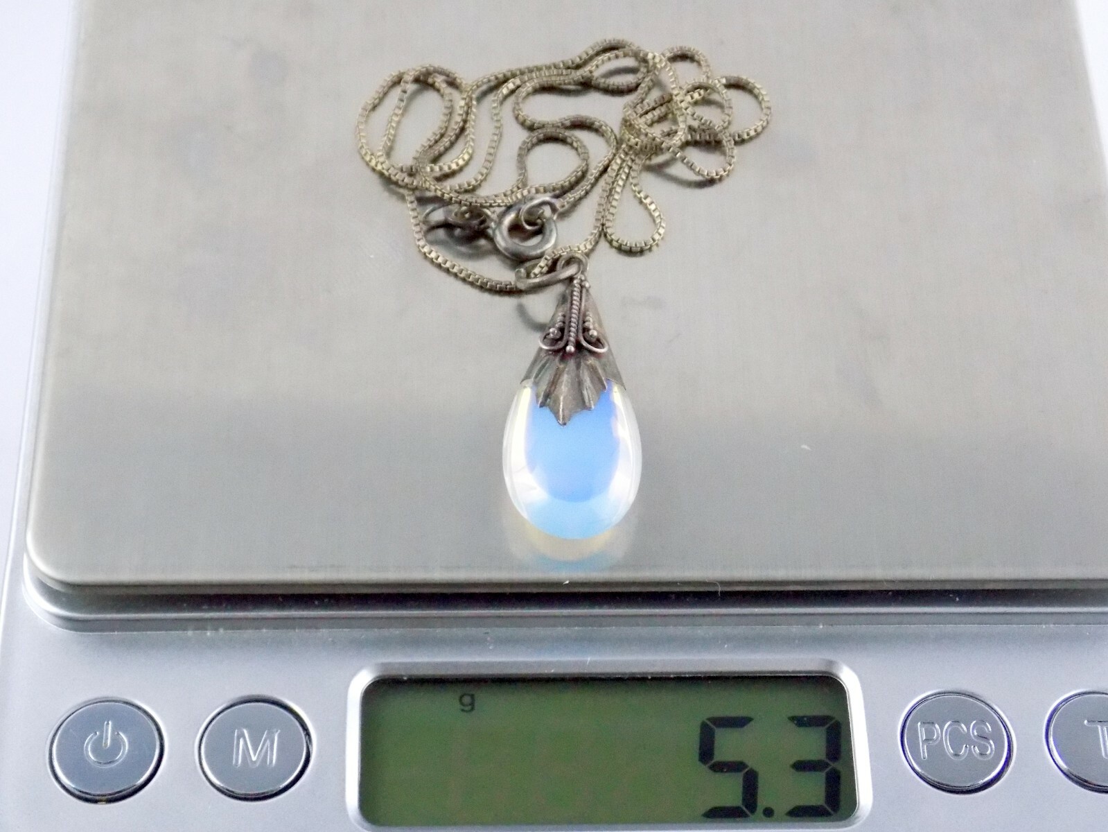 Sterling Silver Opaline Glass Pendant Necklace Box Chain 925 5.3G 17.75 Inches