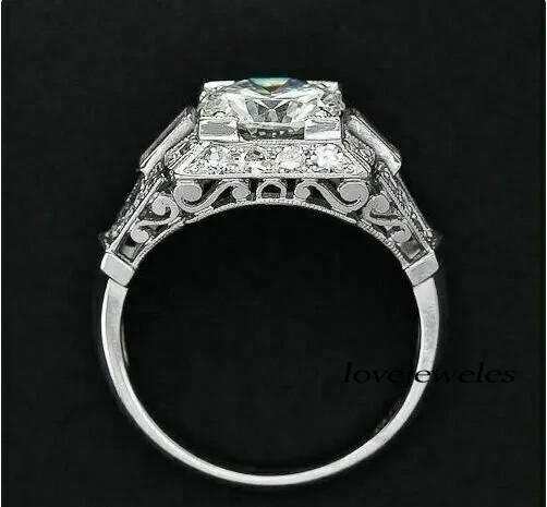 3CT Round Cut Real Moissanite 14K White Gold FN Vintage Art Deco Engagement Ring