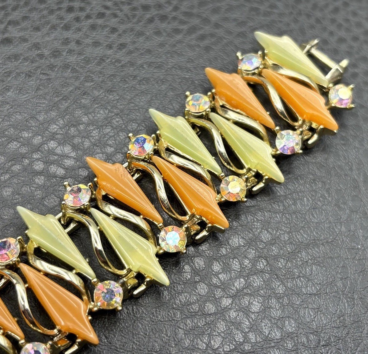 VTG Thermoset Green Orange Leaf Mod Bracelet Aurora Borealis AB Rhinestone