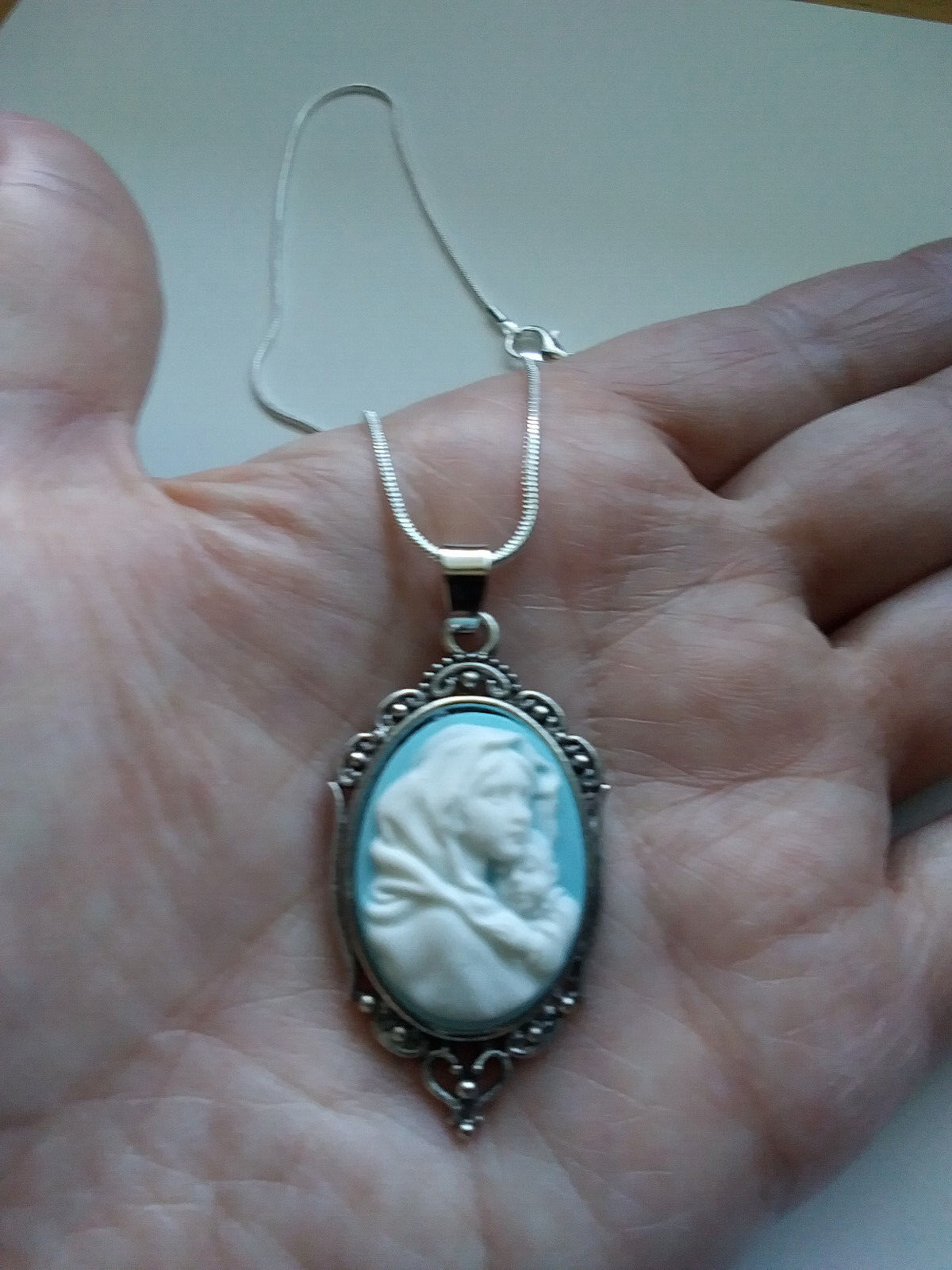 Mary Madonna & Child Cameo Pendant necklace Wedgewood Blue 925 sterling silver