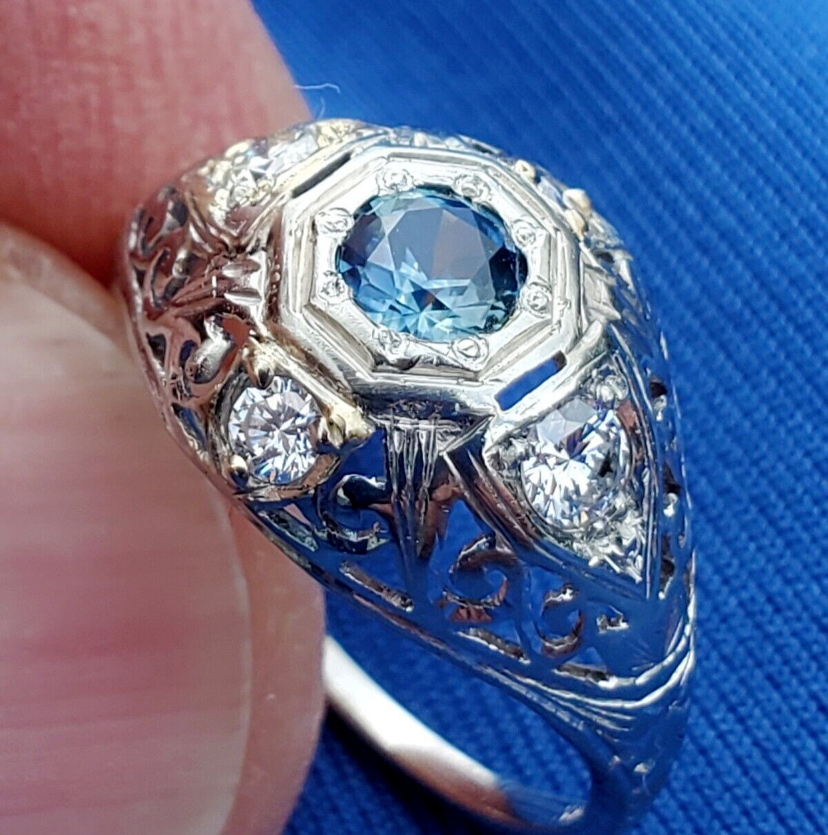 Original EARTH MINED SAPPHIRE DIAMOND Deco Engagement Ring Vintage Solitaire 14K