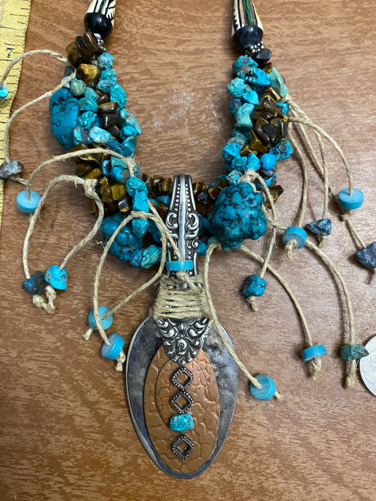 Vintage Boho Statement Silver Southwest Necklace Blue Turquoise 24″ Necklace