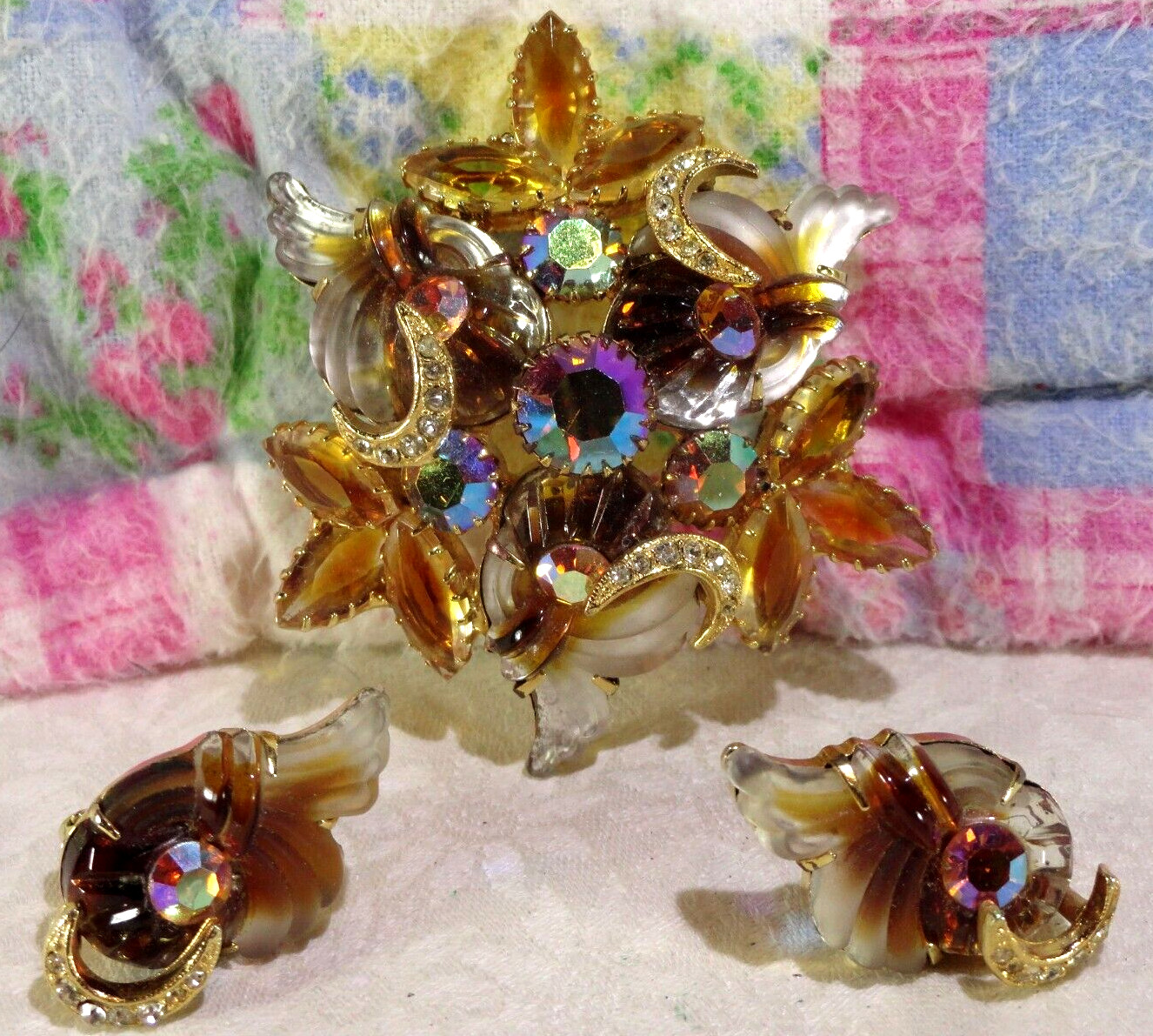 VTG AMAZING EDLEE TOPAZ GIVRE’ MOLDED/ART GLASS ORANGY RS BROOCH PIN EARRING SET