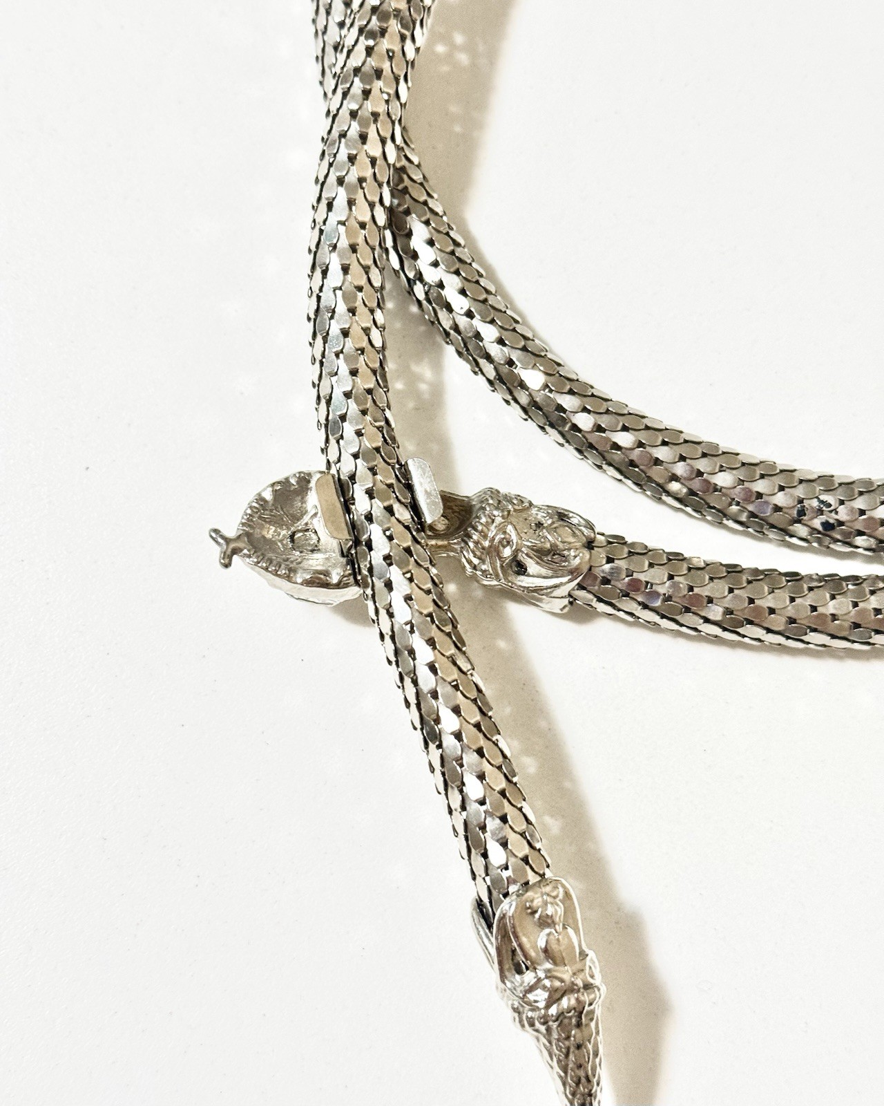 Vintage Silver Gunmetal Mesh Snake Belt Necklace Lariat Choker Crystal Eyes 40”