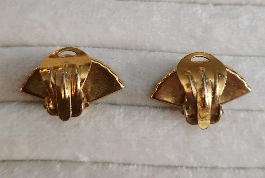 Damascene Gold Toned Clip Earrings With Floral Cameo