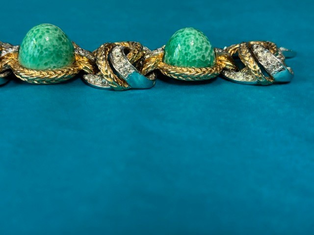 MARCEL BOUCHER TURQUOISE ART GLASS CABOCHONS & RHINESTONE BRACELET SIGNED/NUMBER