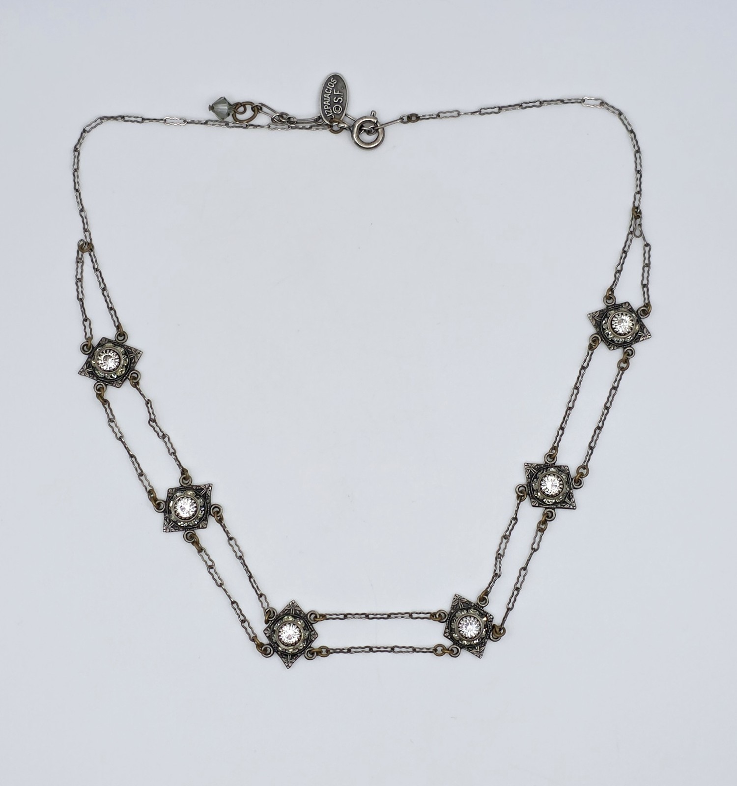Liz Palacios SF Vintage Crystal Festoon Necklace Filigree Multistrand Art Deco