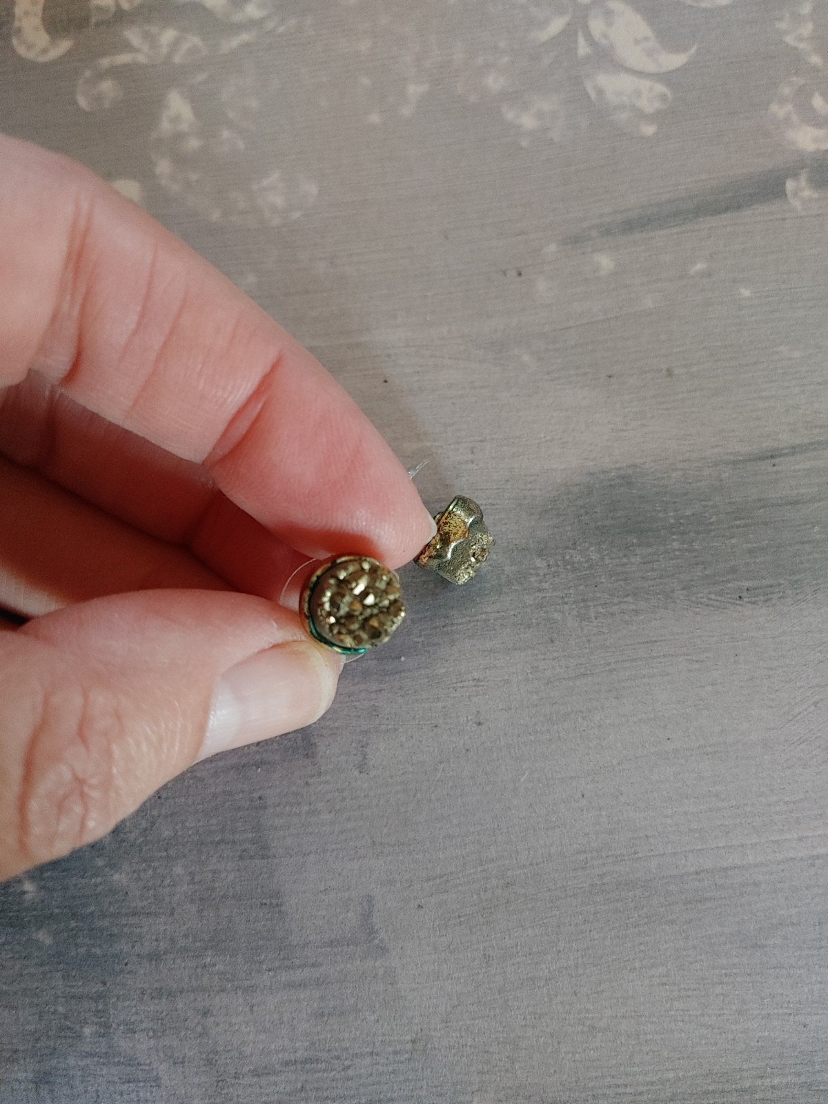 Vintage post earrings 9mm golden pyrite crystal in brass plated copper setting