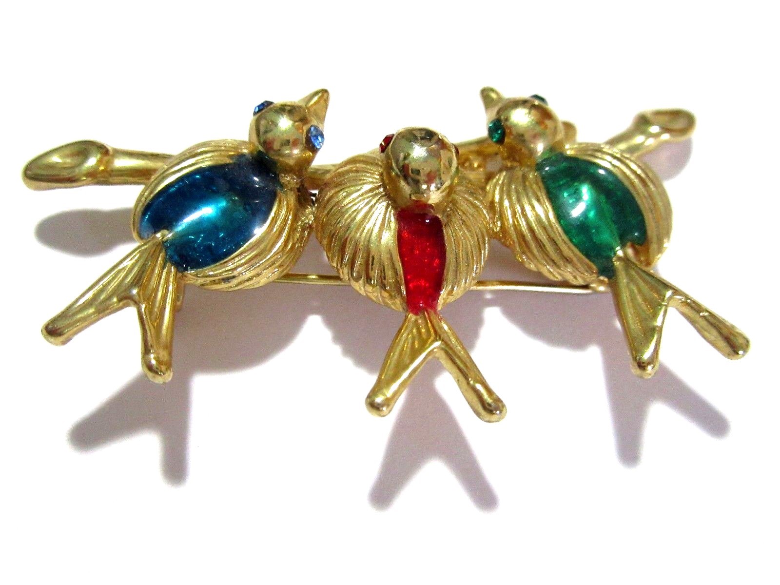 PRETTY TRIO THREE BIRDS ON A BRANCH RED GREEN BLUE ACRYLIC SIGNED FIGURAL NLH