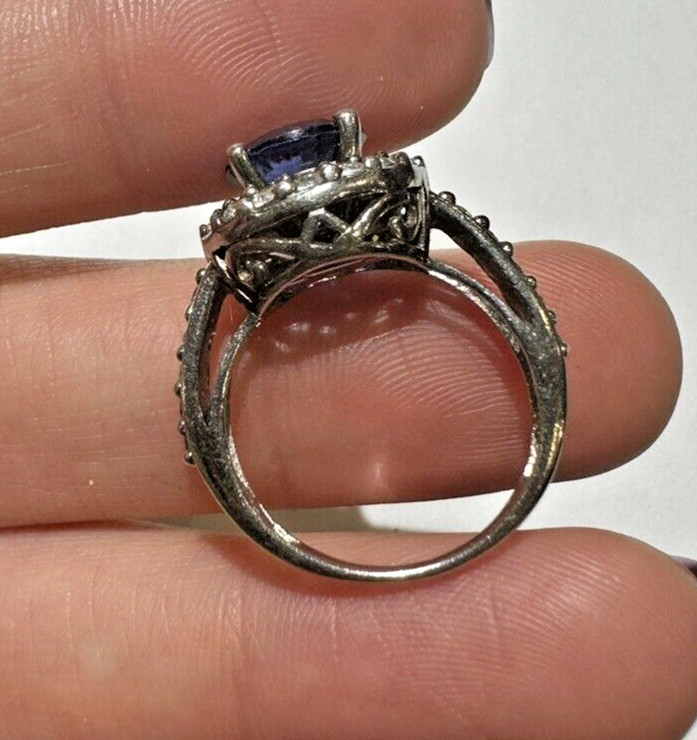 Vintage Silver Cluster CZ Blue Purple Sapphire Amethyst Rhinestone Sz5 Ring DA1
