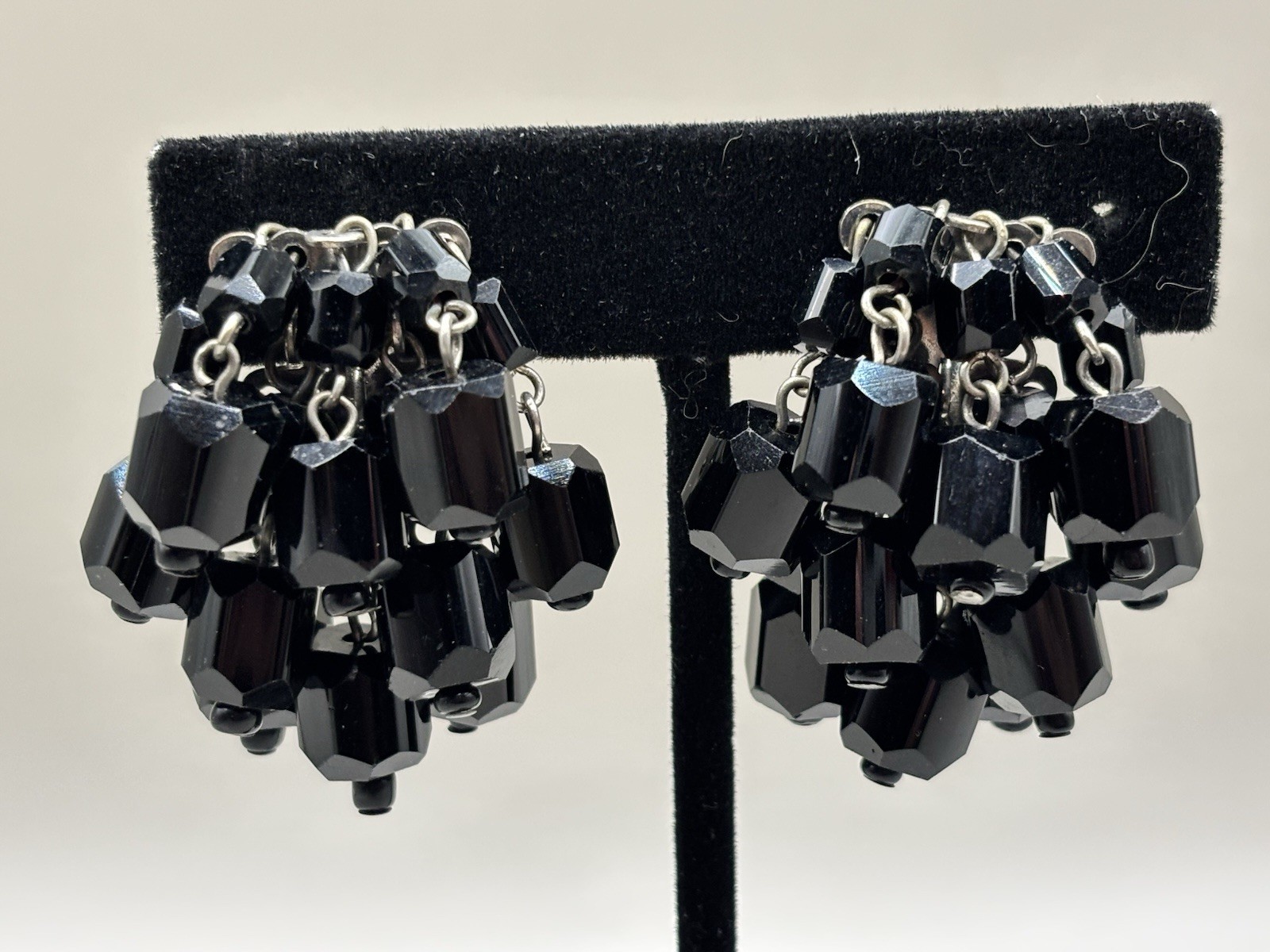 Vintage Black Crystal Bead Waterfall Cascade Clip Earrings 1.5”