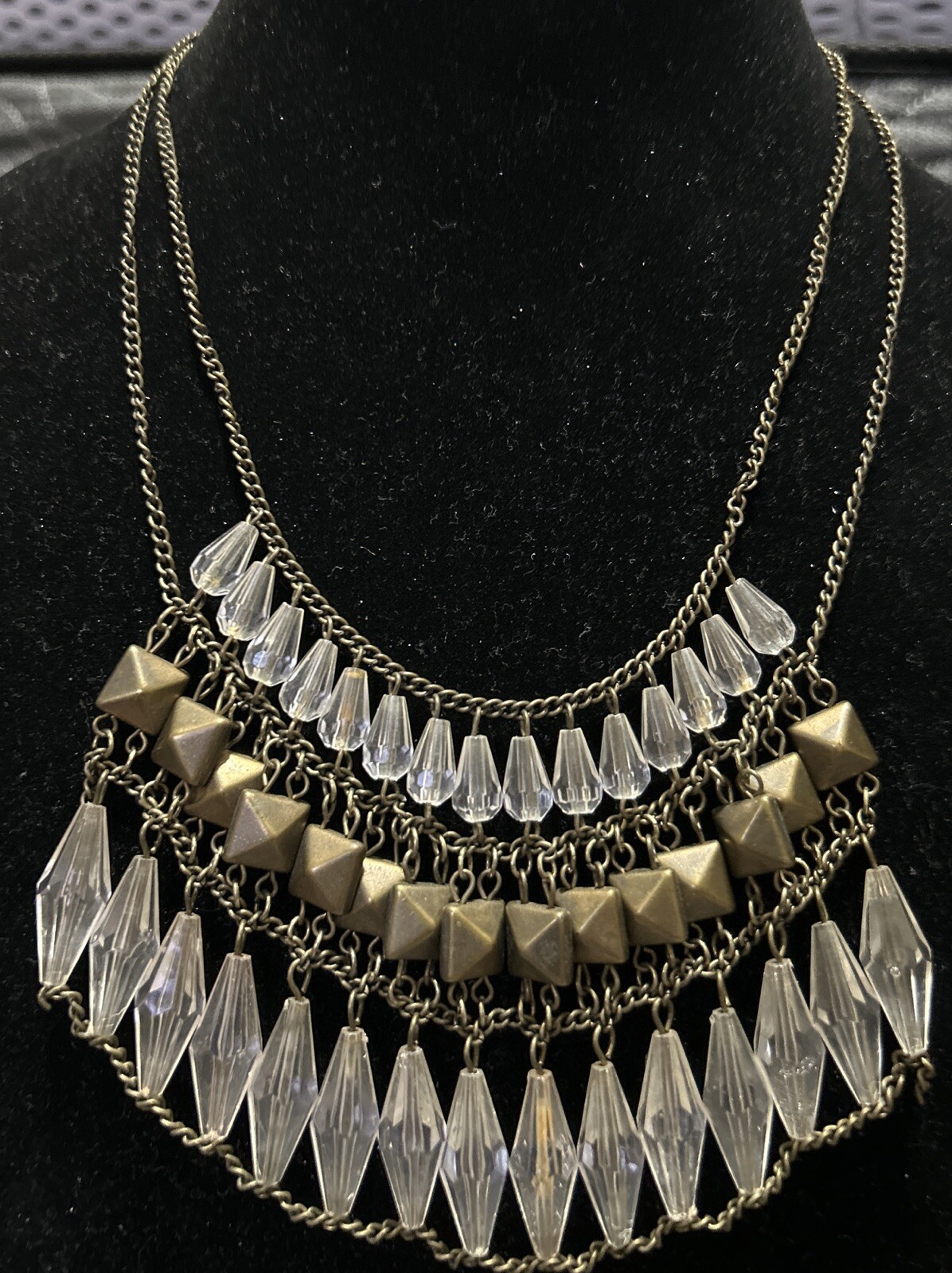 Vintage beaded bib necklace Faceted Beads Bronze Color Triple Chain 20”