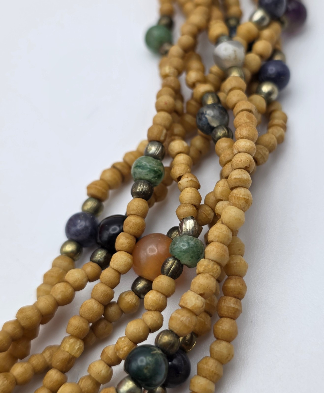 Vintage Multi Strand Agate Bead Tribal Boho Necklace Tan Seed Beads 20 In