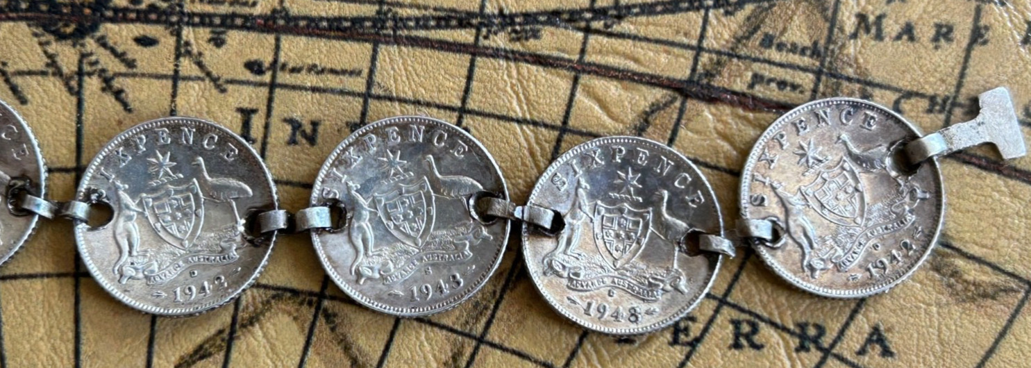 8 Australian Sixpence Silver Coins/ Vintage Bracelet
