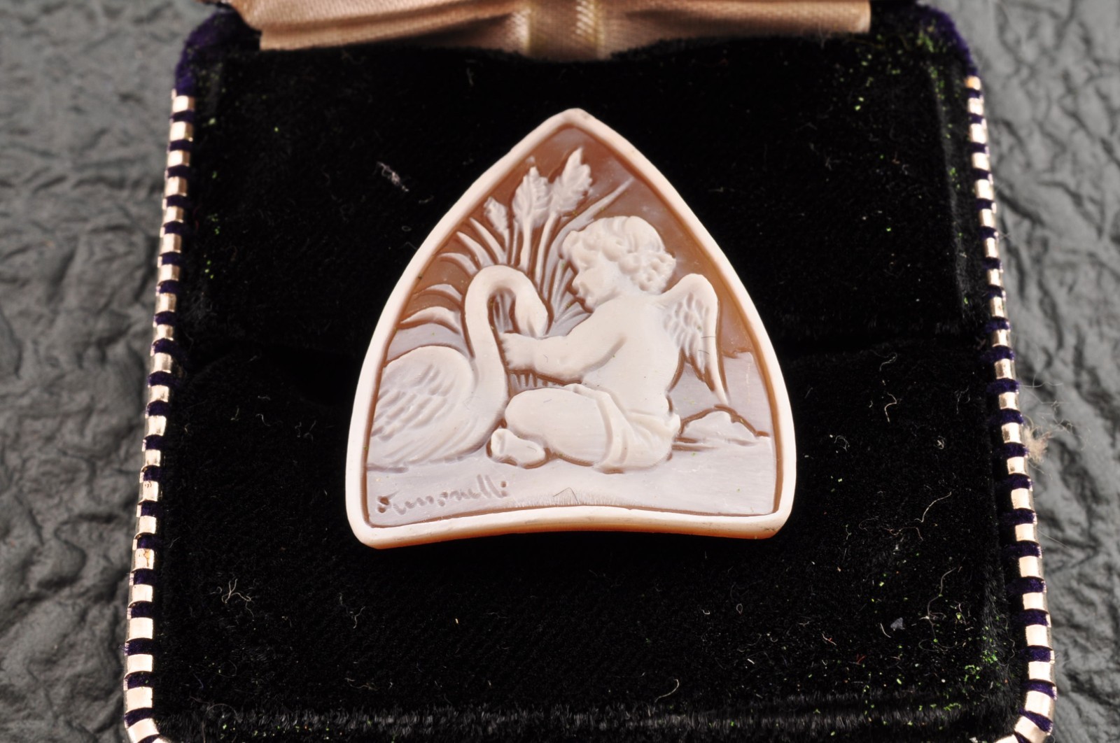 Vintage small shell cameo, “Swan and Angel”, (11.5ct) sign by artist with case.