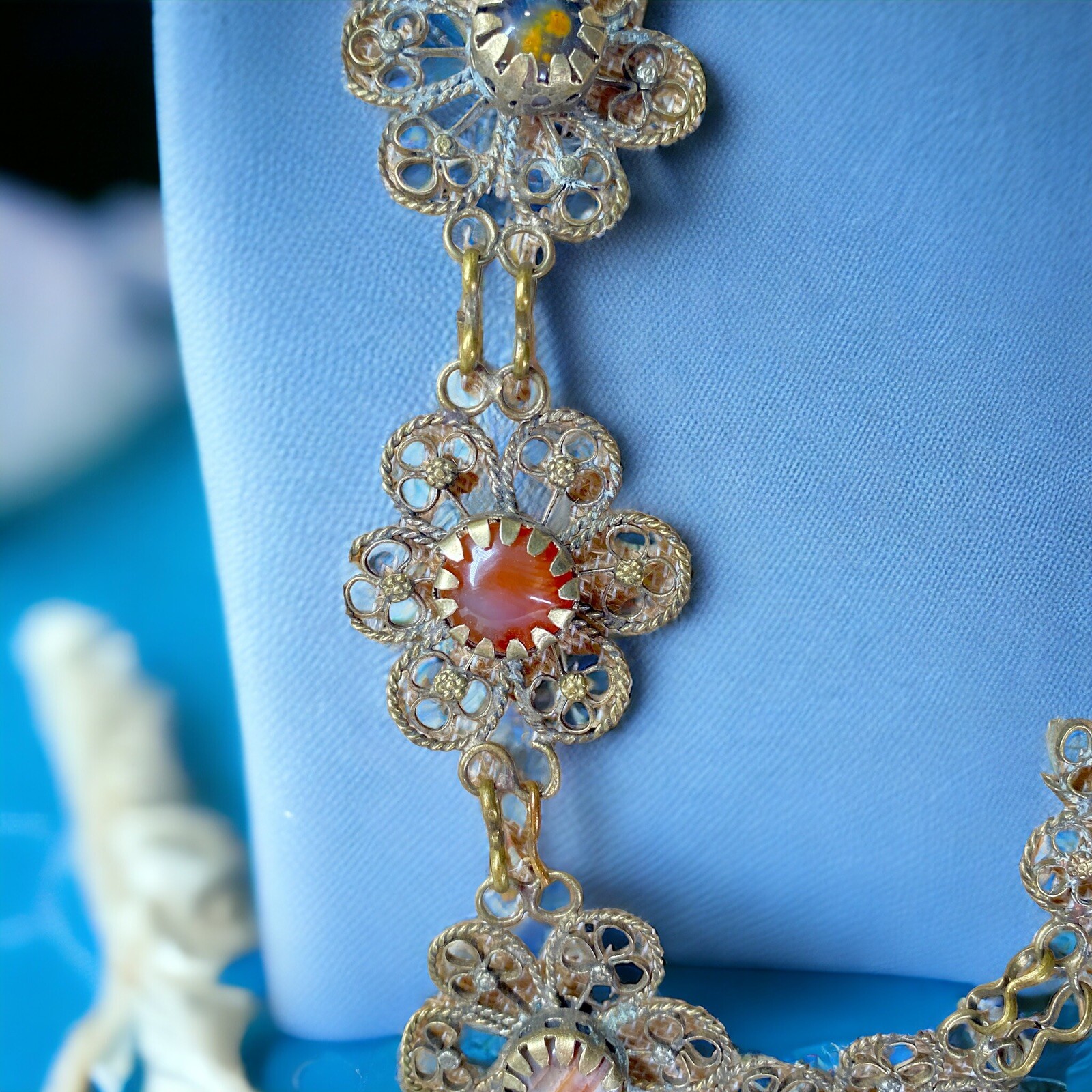 Vintage Handmade German Silver Filigree Semi Precious Stones Statement Necklace