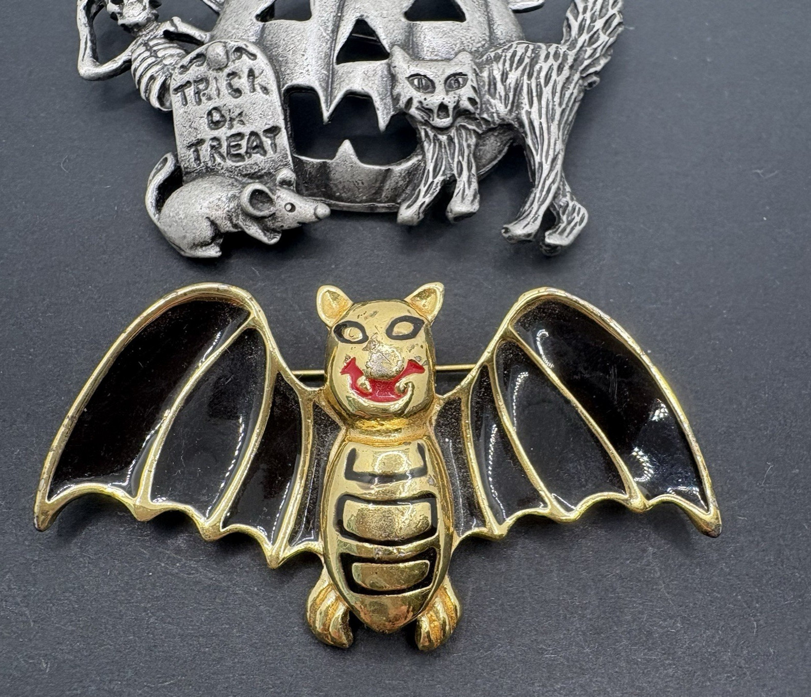 Vintage Lot of 2 Halloween Bat Brooches Pumpkin Skeleton Cat AJC Unsigned