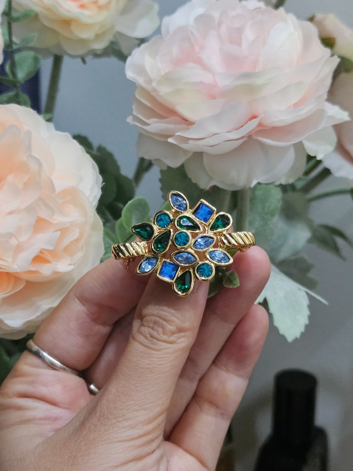Vintage YSL Yves Saint Laurent Brooch Pin Blue Green Crystal Gold Tone With Box
