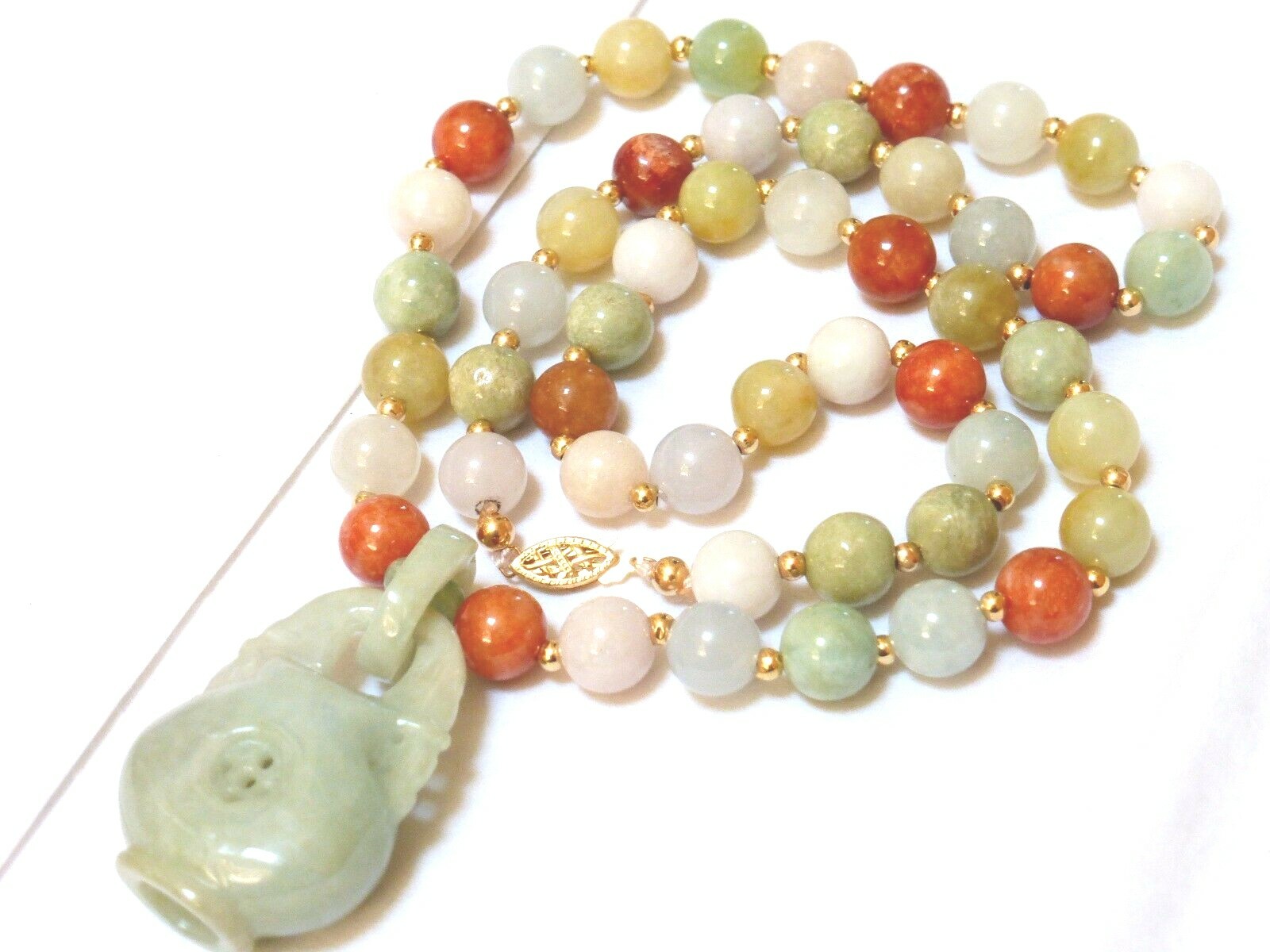 Vintage Chinese 14K GOLD Multi-Color Jade 9mm Beads Necklace Pendant, 22″