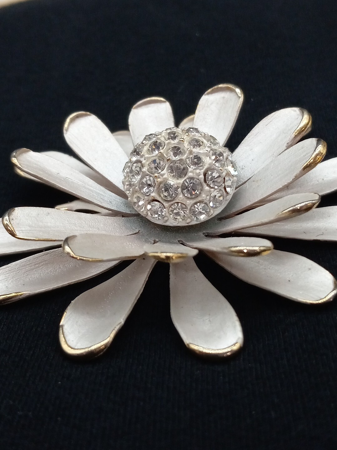 Mid-century GoldTone White Enamel Clear Pave crystals 3D Floral Design Brooch