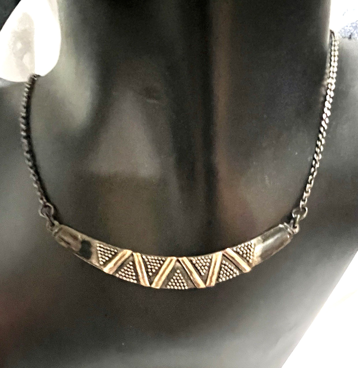 ABSTRACT BRUTALIST Sterling Silver Gold Wash CRESCENT PENDANT NECKLACE Vintage
