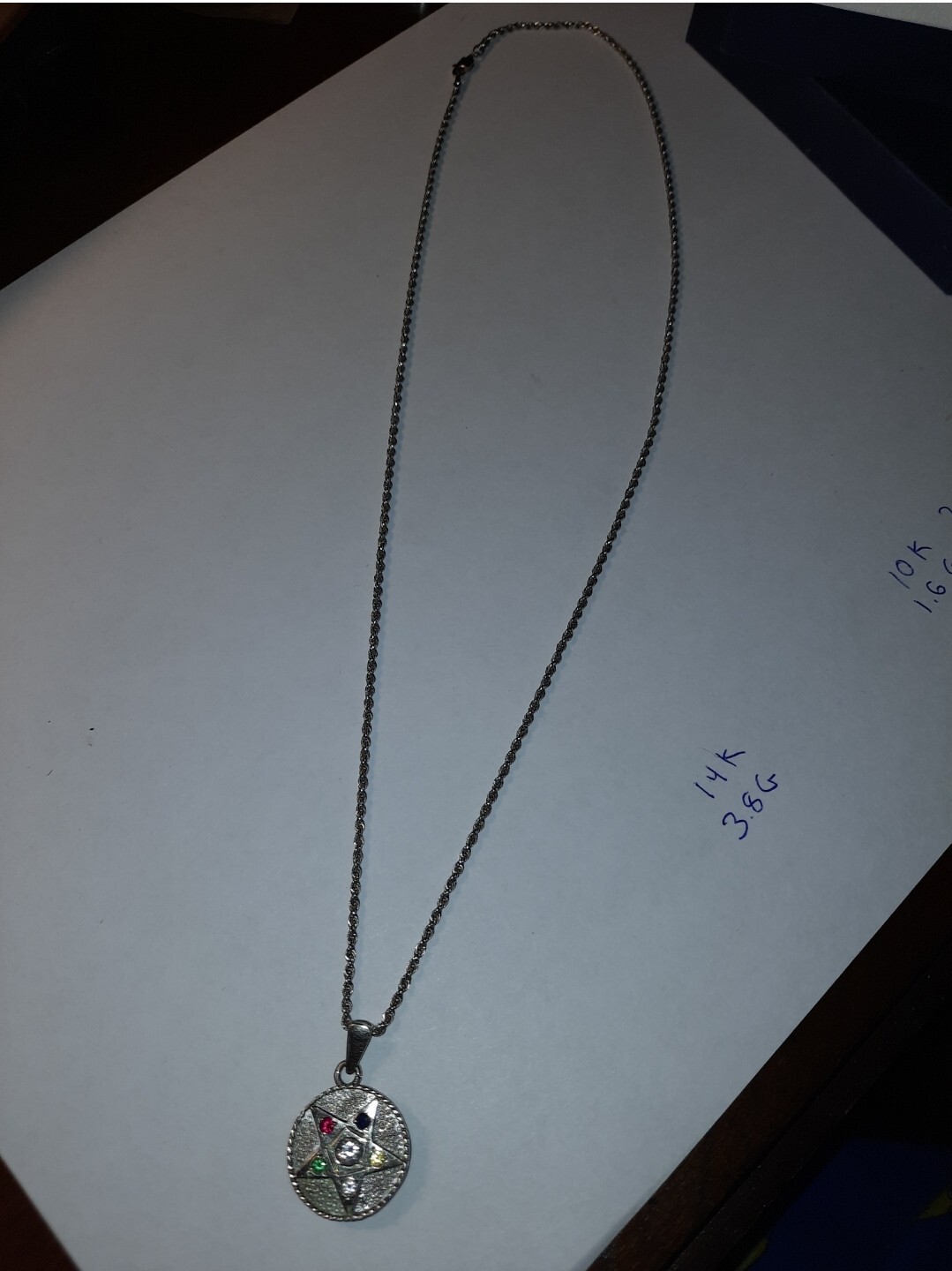 Vintage 14K white gold Masonic Eastern Star Pendant Charm & 20″ 10k rope chain