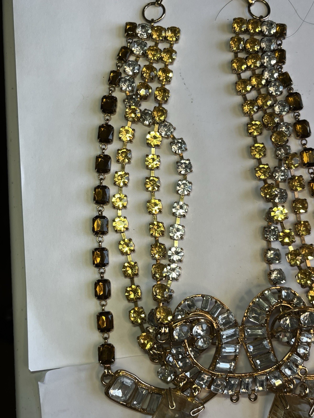 Spectacular Statement Gold Tone Bib Necklace 4 Strand Amber Smokey Clear!!!