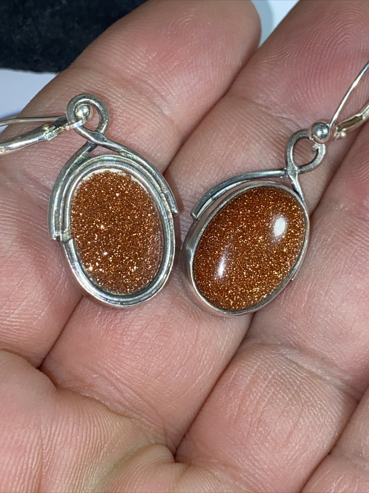 Earrings Pierced Hanging Big Sparkling Goldstones Cabs Sterling Silver LeverBack