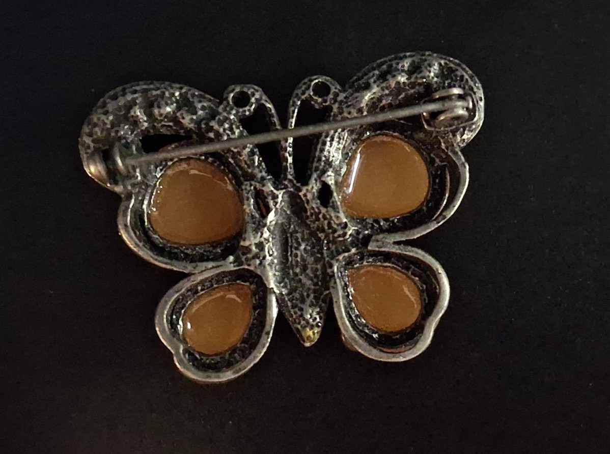 Vintage Beautiful Butterfly Brooch Pink Rhinestone Butterscotch Wings Pin Rare
