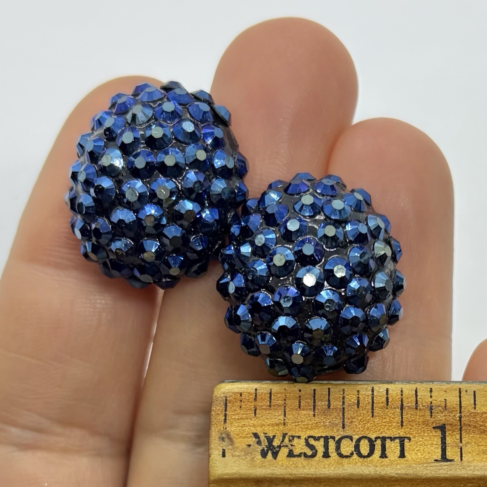 Vtg Blue Rhinestone Encrusted Dome AB Huggie Earrings Clip-on