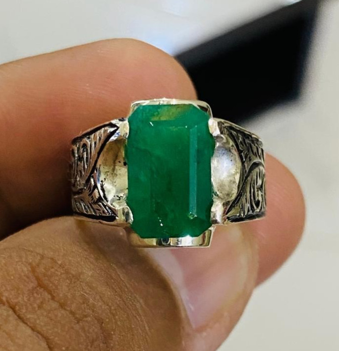 Original Zamurd Stone, Emerald Cut, Handmade Ring, Silver 925, Engraved Artisan