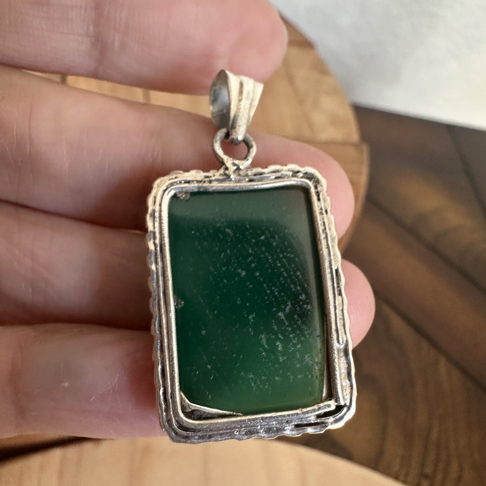 Vintage Artisan Pendant 1.5 Inch Green Transparent Gem Onyx 925 Sterling 6.7g