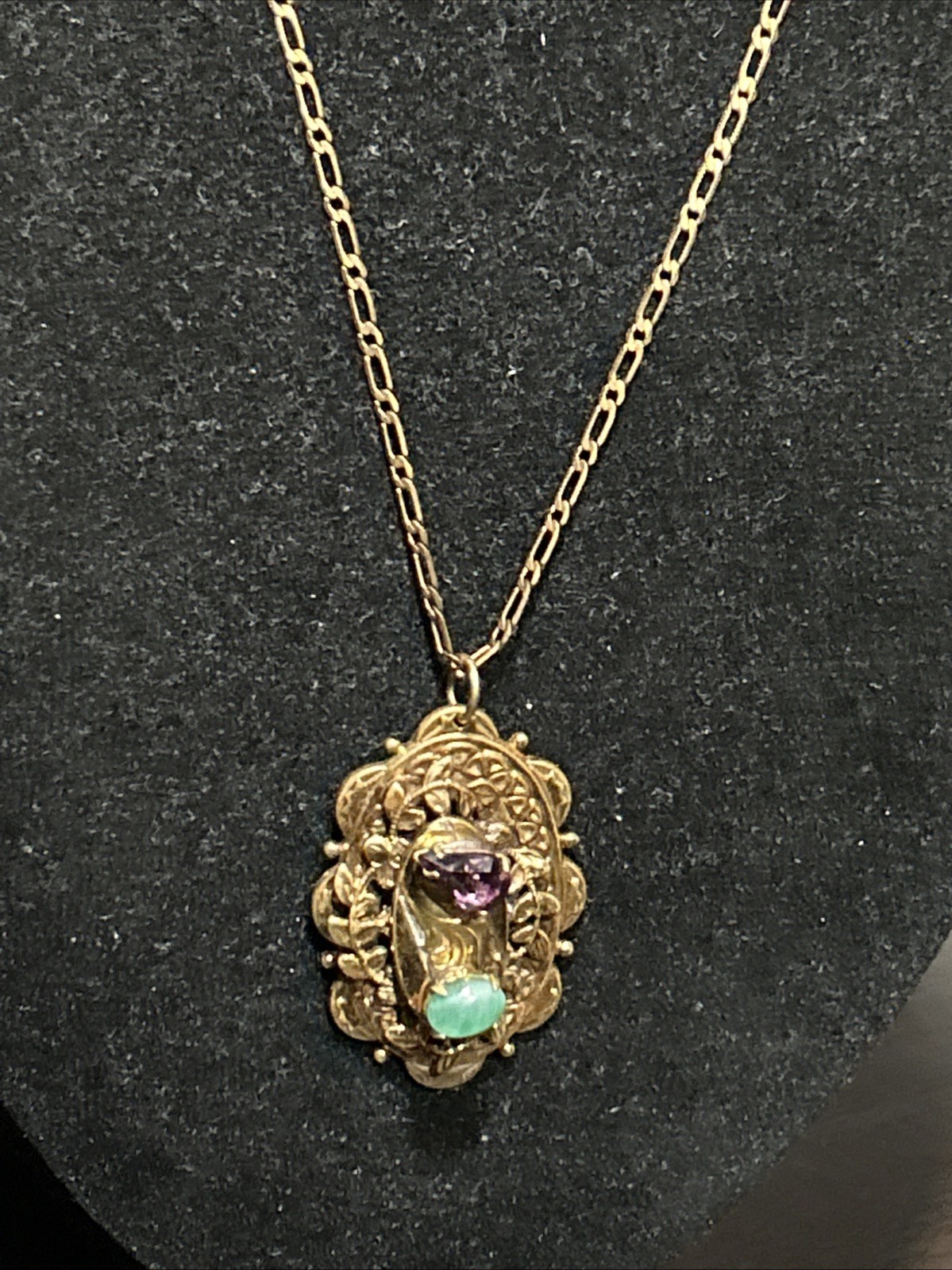 Vintage French Stamp Gold Plate Necklace Art Deco Purple Green Stones Pendant